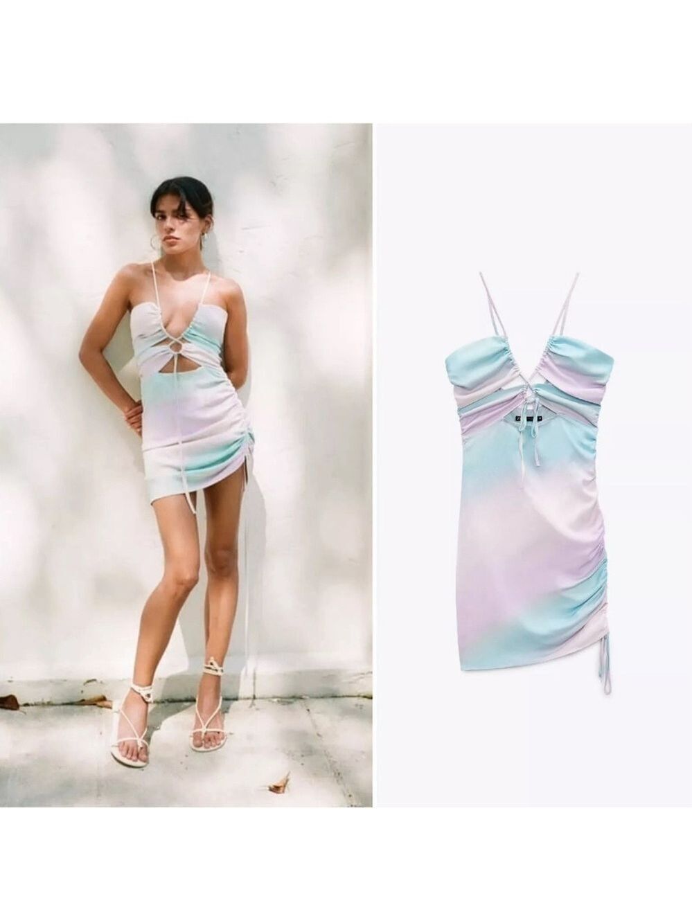 Zara blue green purple pastel ombre cut out strappy ruched halter top mini dress